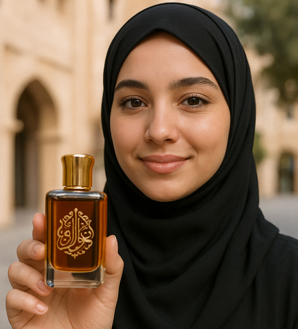 Woman holding a perfume bottle with Arabic text outdoors