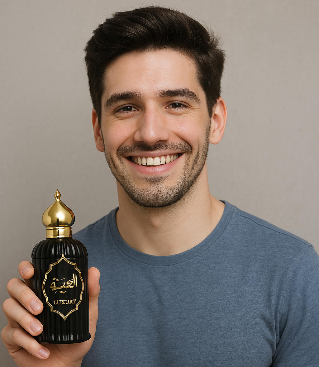 Man holding a black perfume bottle with gold cap against a plain background